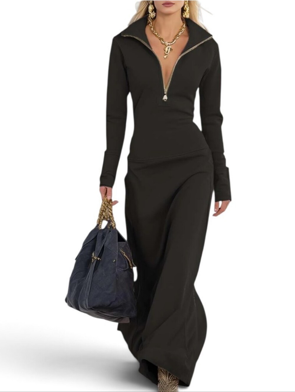 OYROSY Large Black 1/4 Zip Sporty Retro Goth Long Maxi Dress Party Collared NWT